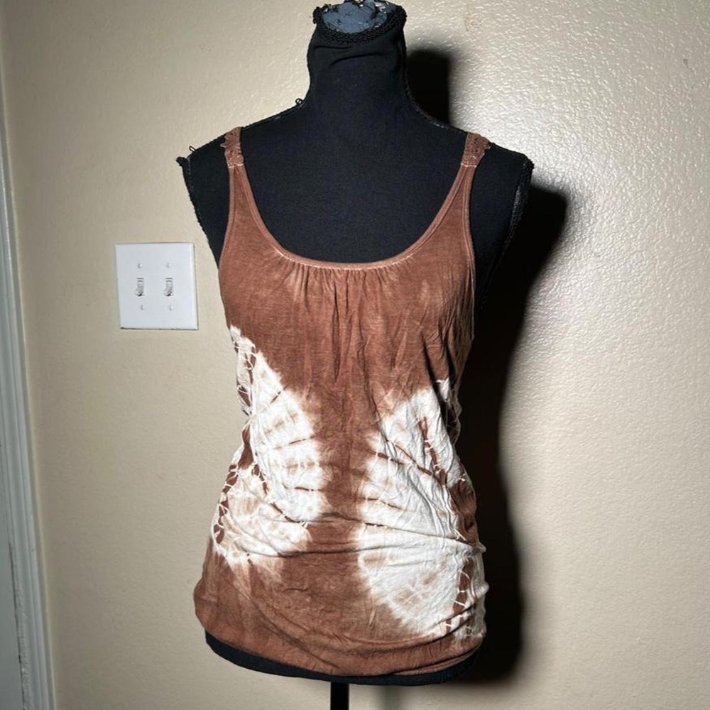 XXI Forever 21 Vintage Brown Tie Dye Ruched Tank Top Y2K Boho Small